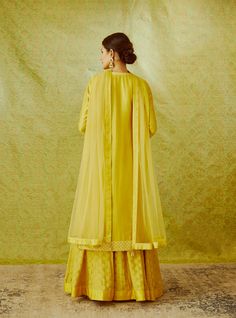 Shyam Narayan Prasad-Mustard Yellow Kurta Skirt Set-INDIASPOPUP.COM Brocade Embroidery, Kurta Skirt, Kurta Lehenga, Blouse Yoke, Casual Tunics, Silk Brocade, Indian Ethnic Wear, Yellow Fabric, Set For Women