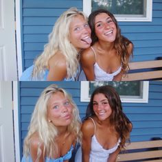 two beautiful young women sitting next to each other in front of a blue house and smiling at the camera