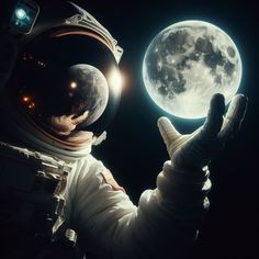 an astronaut is holding the moon in his right hand and looking at it from space