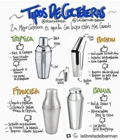 a poster with different types of cocktail shakers and their names in spanish on it