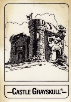 a black and white drawing of a castle with the words castle grayskull on it