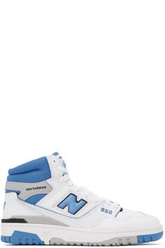 New Balance: White & Blue 650 Sneakers | SSENSE New Balance White, Mesh Sneakers, White Shop, High Top, Patch Logo, New Balance, White Blue, High Top Sneakers, High Tops