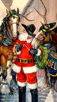 a painting of two horses and a man dressed as santa clause with reindeers in the background