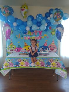 Baby Shark Display, Baby Shark Pink Party, Baby Shark Birthday Backdrops, Baby Shark Ballon, Baby Shark Pink Backdrop, Shark Birthday Cakes, Baby Girl Birthday Cake, Shark Themed Party