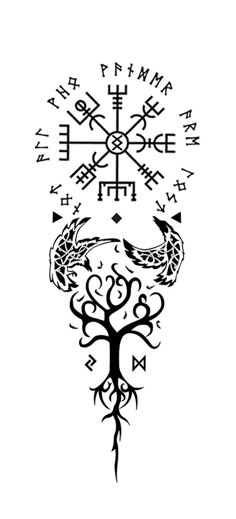 an image of a tree with arrows and symbols on it's head, in black ink