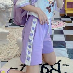 Pastel Clothing, Soft Girl Outfits, Harajuku Outfits, Gothic Clothes, Y2k Aesthetic Outfits, Purple Shorts, High Waist Shorts, Kawaii Aesthetic, Summer Chic