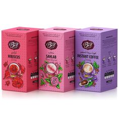 three boxes with different types of coffee on them, one is pink and the other is purple