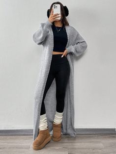 Grey Knitted Long Cardigan For Women, Fall Outfit Grey Casual  Long Sleeve Knitwear Plain  Slight Stretch  Women Clothing, size features are:Bust: ,Length: ,Sleeve Length: Grey Long Sweater Outfit, Long Grey Cardigan Outfit Casual, Beige Oversized Cardigan Outfit, Body Suit With Cardigan Outfit, Long Grey Sweater Outfit, Church Fits Fall, Autumn Outfits Leggings, Midsize Smart Casual, How To Style Long Cardigans