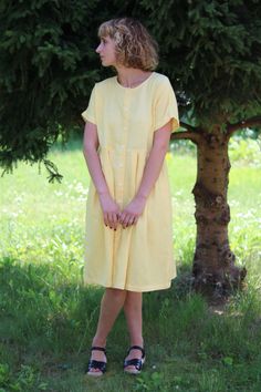 Button up linen dress / Linen dress / Yellow linen summer dress / OFFON Clothing Summer Linen Pleated Dress, Spring Daywear Linen Dress With Button Closure, Casual Pleated Linen Dress For Summer, Summer Pleated Linen Dress, Pleated Linen Daywear Dress, Daywear Pleated Linen Dress, Spring Pleated Linen Dress, Linen Pleated Dress For Daywear, Summer Linen Dress With Button Closure And Relaxed Fit