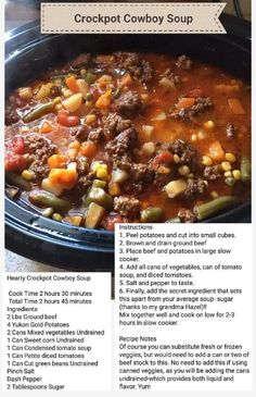 the recipe for crockpot cowboy soup is shown in an image above it's description