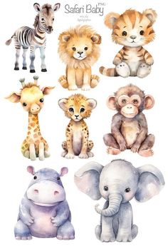 watercolor baby animals and giraffes are shown