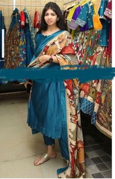 Pochampally Anarkali Dress, Kalamkari Chudidhar, Kalamkari Salwar Designs, Chudidhar Designs For Stitching Latest, Lagdi Patta Kurti, Straight Cut Dress Designs, Kalamkari Chunni Dresses, Ikkat Dupatta With Dress, Kalamkari Kurta Designs Women