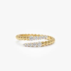 14k Gold Beaded Diamond Crossover Ring, Diamond Wrap Ring, Trendy Beaded Gold Diamond Spiral Ring, Cross over Beaded Diamond Ring ▶ Details   * Made to Order. * Gold KT: 14K Solid Gold (also available in 18K & Platinum upon request) * Custom Gold Color: Rose Gold, Yellow Gold, White Gold * Round Diamonds: 2 pcs x 2.4 MM  * Round Diamonds: 2 pcs x 2.0 MM  * Round Diamonds: 2 pcs x 1.75 MM  * Round Diamonds: 2 pcs x 1.5 MM  * Round Diamonds: 2 pcs x 1.3 MM  * Total CTW: 0.25 ctw * Diamond Color Clarity: G Color SI Clarity * Ready to Ship in 3-10 Business Days ▶ See more of our Diamond Rings here - https://etsy.me/3YbpVq2  ▶ See our storefront here - http://etsy.me/2lUcVnH  ▶ All store sections here  Diamond Rings - http://etsy.me/2lwKUl8  * Diamond Earrings - http://etsy.me/2lyqVBP  * Diamon Fine Jewelry With Diamond Accents In Spiral Shape, Fine Jewelry With Spiral Diamond Accents, Fine Jewelry With Spiral Shape And Diamond Accents, Spiral Gold Diamond Ring, Spiral Yellow Gold Diamond Ring, Spiral Yellow Gold Jewelry With Diamond Accents, Fine Jewelry Yellow Gold Spiral Rings, Gold Spiral Jewelry With Diamond Accents, Elegant Beaded Rings For Anniversary