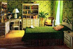 the bedroom is decorated in green and yellow colors, with an old fashioned dresser next to the bed