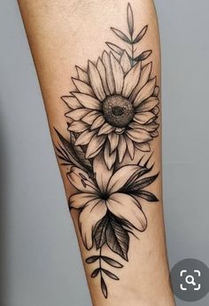 a black and white photo of a sunflower with leaves on it's arm