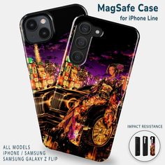 two phone cases with an image of a woman riding on a car in the city