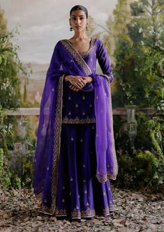 Jigar Mali | Purple Embroidery Kurta Sharara Set | INDIASPOPUP.COM Purple Anarkali, Embroidery Kurta, Purple Embroidery, Sharara Designs, Kurta Sharara Set, Kurta Sharara, Women Kurta, Purple Suits