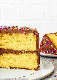 a slice of yellow cake with chocolate frosting and sprinkles on a plate