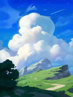 an animated landscape with trees and clouds in the sky, on top of a hill