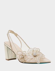 PETRA GOLD Slingback Floral Mesh Block Heel | Women's Heels Ethereal Shoes, Mesh Heels, Wedding Clothes, Gold Pumps, Quilted Coverlet, Blue Jewelry, Flower Applique, Luxe Gifts, Floral Applique