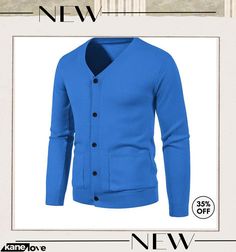 Men Casual V-neck Long-sleeved Solid Color Knitted Cardigan Casual V-neck Sweater Coat With Pockets, Casual Solid Color V-neck Sweater For Winter, Casual Solid Color Blue Cardigan, Casual Blue Solid Color Cardigan, Casual V-neck Sweater With Pockets, Winter Solid Color V-neck Cardigan, Solid Color V-neck Winter Cardigan, Winter V-neck Solid Cardigan, Solid V-neck Winter Cardigan