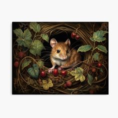 a painting of a mouse in a nest surrounded by leaves and berries, on a black background