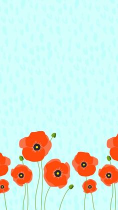 red poppies on a blue background with green stems and black dots in the center