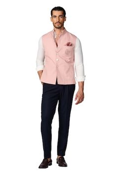 Pink sleeveless nehru jacket with crest embroidery. - Aza Fashions Festive Nehru Jacket For Workwear, Traditional Nehru Jacket For Spring Workwear, Fitted Cotton Nehru Jacket For Semi-formal Occasions, Elegant Cotton Nehru Jacket For Semi-formal Occasions, Elegant Semi-formal Cotton Nehru Jacket, Elegant Cotton Nehru Jacket For Spring, Crest Embroidery, Nehru Jacket For Men, Nehru Jacket