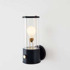 a light that is on the wall with a glass case and metal rod around it