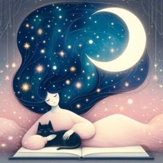 a cat sitting on top of an open book in front of a night sky with stars