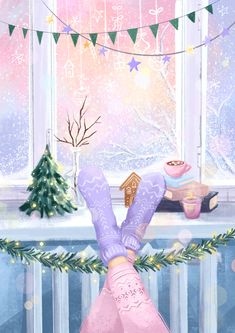 a painting of someones feet on a window sill in front of a christmas tree