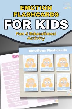 Promotional poster for 'Emotion Flashcards for Kids,' featuring a fun and educational activity to help children recognize emotions. The flashcards show illustrated faces expressing emotions like excited, disgusted, disappointed, tired, scared, and angry.