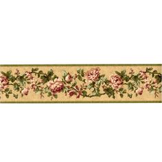 a wallpaper border with pink flowers and green leaves