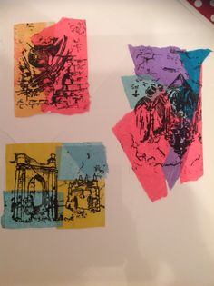 three pieces of paper with different colored designs on them and one piece has been torn off