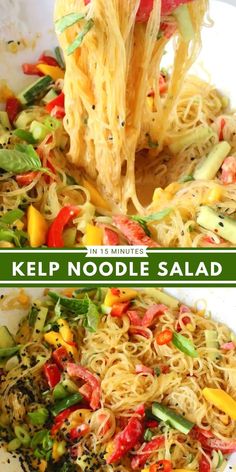 raw kelp noodles with noodle salad in a white bowl