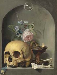 a painting of a skull and other items on a shelf with flowers in the background