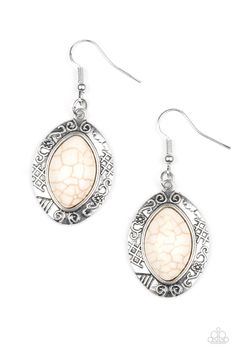 A refreshing white stone is pressed into the center of a glistening silver frame radiating with floral and tribal inspired patterns for a seasonal look. Earring attaches to a standard fishhook fitting.

Sold as one pair of earrings. Paparazzi Accessories Jewelry, Aluminum Earrings, Fish Hook Earrings, Jewelry Images, Paparazzi Accessories, Paparazzi Jewelry, White Earrings, Online Earrings, Earrings Collection