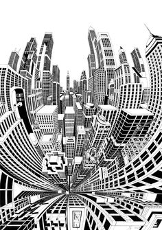 an abstract black and white image of city buildings