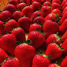 a bunch of red strawberries sitting on top of a table next to each other