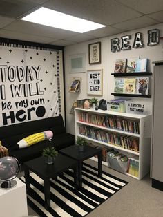 a living room filled with furniture and bookshelves next to a book shelf full of books