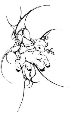 a black and white drawing of a baby dragon on top of a plant with flowers