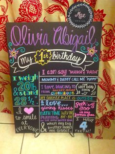 a chalkboard sign that has been decorated with words and numbers on it for a child's first birthday