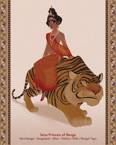 a woman sitting on top of a tiger in front of a white background with the words sona princess of banga written below