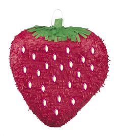 a red strawberries pinata hanging from a string on a white background with polka dots