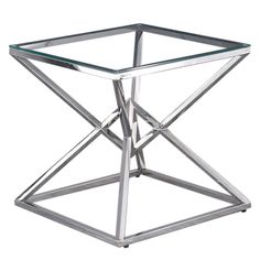 a glass and metal side table on a white background