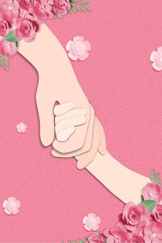 two hands holding each other with pink flowers in the background