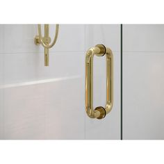 a bathroom with a glass shower door and gold handles