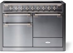 an oven with two burners and three doors on the front, in stainless steel