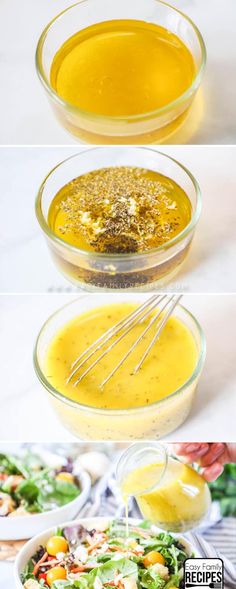 the steps to make a salad with dressing and dressing sauces in separate glass bowls