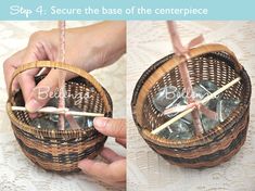 two pictures show how to make a basket with sticks and glass bottles in it, as well as instructions on how to tie the stems